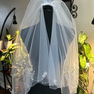 Elegant White Bridal Two Tier Fingertip Wedding Veil with Floral Beaded Trim
